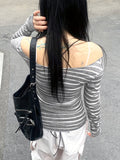 Japanese and Korean Special Targeted Elegant Basic Large Round Neck Slimming Long Sleeve Striped Top