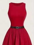 1pc Elegant Sleeveless A-Line Dress for Women, Solid Color Polyester Knit with Belt, Round Neck, Loose Fit - All Seasons Fashion
