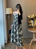 [Floral Print Cami Dress Set] Young Floral Print Cami Dress Set, Solid Long Sleeve Open Front Cardigan & Square Neck Sleeveless A-line Spaghetti Strap Dress Outfits, Women's Clothing