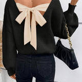 Soft Polyester Elegant French-Inspired Plus Size Sweater - V-Neck with Bow Tie Back, Hand Washable, Classic Knitwear, Smooth Texture, All-Season Apparel