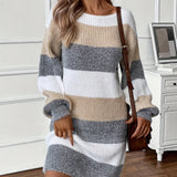 Women's Color Block Fuzzy Knitted Mini Dress - Elegant Drop Shoulder, Lantern Sleeve, Crew Neck, Perfect for Fall & Winter Season