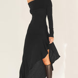 Elegant Ruffled Off Shoulder Long Sleeve Dress - Women's Backless Asymmetrical Slim Fit Dresses with Ruffle Hem - Perfect for Formal Occasions and Date Nights