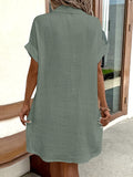 Women's 100% V-Neck Blouse Dress - Light Blue, Casual, Short Sleeves, Button Details, Machine Washable, All-Season Comfort