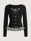 [Slim Contrast Plaid Button T-Shirt] Contrast Plaid Button Slim T-Shirt, Chic Long Sleeve T-Shirt For Spring & Fall, Women's Clothing