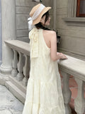 Asian Style Embroidered Polyester Tunic Dress for Women, Elegant Crew Neck Sleeveless Long Summer Dress with Tie-Back Detail and Straight Hem