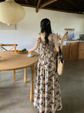 Vintage Sleeveless Shirred Aline Maxi Floral Print Ruffle Hem Cami Dress - Women's Clothing For Spring & Summer