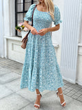 Elegant For Spring & Summer Midi Dress, Floral Print Shirred Bust Square Neck A-line Dress With Puff Sleeve, Women's Clothing