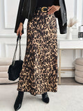 Elegant Leopard Print Midi Skirt for Women - High Waist, Non-Stretch Polyester Blend, Machine Washable, 99091922