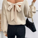 Soft Polyester Elegant French-Inspired Plus Size Sweater - V-Neck with Bow Tie Back, Hand Washable, Classic Knitwear, Smooth Texture, All-Season Apparel