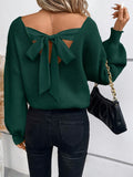 Women'S Elegant V-Neck Knit Sweater with Back Bow Detail, 100% Polyester Solid Color Pullover, All-Season Lightweight Knitwear