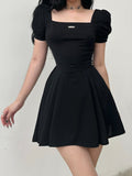 Black Puff Sleeve A-Line Pleated Dress