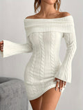 Women'S Off-Shoulder Knit Dress, Casual Solid Color Polyester Bodycon with Spandex, Autumn Winter One-Shoulder Weave Dress