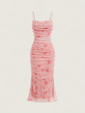 For Spring & Summer, Elegant Sleeveless Floral Print Spaghetti Suspender Ruched Bodycon Cami Dress, Women's Clothing