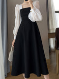 [Chic Long Sleeve A-Line Dress] Elegant Black Organza A-Line Dress for Women - Chic Long Sleeve with French-Inspired Square Neckline, Vintage Mesh Detail, Perfect for Spring & Autumn Events