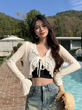 Ruffle Trim Tie Front Cardigan, Chic Long Flare Sleeve V Neck Crop Cardigan For Spring & Fall, Women's Clothing