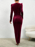 [Long Sleeve Solid Dress] Long Sleeve Split Hem Solid Dress, Elegant Crew Neck Slim Dress For Party & Banquet, Women's Clothing