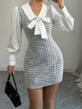 1pc Elegant Women'S V-Neck Plaid Dress, Polyester Woven Fit with Button Closure, with Bow Detail, for All-Season Fashion