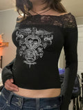 Dark Y2K Vintage Print Lace Splicing One-Shoulder Slim Fit Long Sleeve T-Shirt