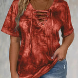 Women'S Plus Size Tie Dye Print Short Sleeve T-Shirt, Casual Loose Fit Tee with Lace-Up Drape Neck, Polyester 95% Spandex 5% Knit Fabric, Medium Stretch, Spring/Summer Pullovers, 175g/m² - Purple