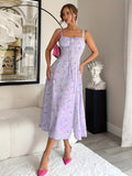 Vintage Floral Print Square Neck Sleeveless Midi Dress with Adjustable Thin Straps & Front Zipper, Light Purple Floral Design, Backless Detail - Perfect for Spring/Summer/Fall, Casual Summer Dress | Vintage Floral Dress | Ruf