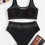Women's Mesh Hollow Out High-Waisted Bikini 2 Piece Set, Beachwear, Swimwear, Black Color Swimsuit, Two-Piece Bathing Suit, Trendy Summer Outfit
