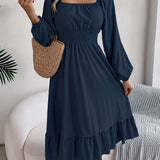 Stunning Ruffle Hem A-Line Dress - Women's Elegant Solid Color Square Neck Backless Shirred Clothing with Lantern Sleeves - Perfect for Formal Occasions and Parties