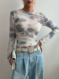 [Everyday Elegance] Women's Elegant Tie-Dye Floral Print Chiffon Blouse with Ruched Detail - Long Sleeve, Round Neck, Semi-Sheer, Perfect for Spring/Fall Fashion voguable