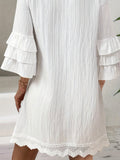[Colorful Pom-Pom A-Line Dress] Colorful Pom-Pom Embroidered A-Line Dress - Women's Fashion Notched V-Neck with Ruffle Three Quarter Sleeves, Tassel Trim - Polyester 100%, Regular Fit, Woven Fabric, 120g/m², Spring/Summer/Fa