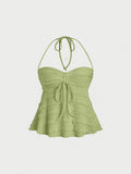 [Solid Color Halter Sexy Top] Women's Chic Y2K-Inspired Solid Color Semi-Sheer Halter Top with Tie-Up Backless Design - Sexy Summer Sleeveless Blouse in Lightweight Polyester, Machine Washable, Beach Coverup|Feminine Style|El