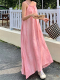 Chic Pink Halter Neck Maxi Dress for Women - Summer Beach Vacation Style, Non-Stretch Polyester, Machine Washable