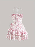 [Floral Print Halter Dress] Floral Print Layered Ruffle Hem Halter Dress, Elegant Sleeveless Dress For Spring & Summer, Women's Clothing