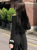 Chic Off-Shoulder Long Sleeve T-Shirt for Women - Solid Color, Stretchy Polyester, Machine Washable - Perfect for Spring/Summer/Fall