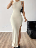 Casual Breathable Cut Out Split Dress, Sleeveless Crew Neck Summer Party Dress for Women
