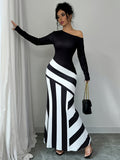 Elegant Women's Off-Shoulder Striped Maxi Dress - Chic Black & White Design with Ruffled Hem, Long Sleeves, Machine Washable, Polyester Blend