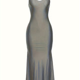 V Neck Spaghetti Strap Backless Dress - Seamless Solid Bodycon for Night Out - Fashionable Womens Clubbing Gown