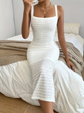 Elegant Sleeveless Textured Wide Strap Slim Fit Dress - Plain Dress For Spring & Summer - Women's Clothing