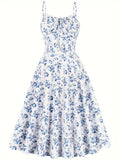 Summer 100% Polyester Vintage Floral Dress for Women - Spaghetti Strap A-Line Pendulum Style with Faux Drawstring Detail, Ideal for Parties and Casual Wear