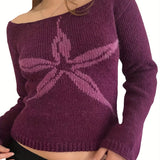 [1pc Elegant Off-Shoulder Sweater] 1pc Elegant Viscose Off-Shoulder Sweater for Women, Solid Color Crew Neck Long Sleeve Knit Top with Graphic Print, Versatile Streetwear for All Seasons