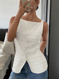 [Sleeveless Textured Cardigan Elegant Shirt] Women's square collar cardigan buttonless sleeveless textured horizontal striped elegant shirt, waist-tightening top, commuting minimalist office old money loose, simple Women's to