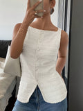 [Sleeveless Textured Cardigan Elegant Shirt] Women's square collar cardigan buttonless sleeveless textured horizontal striped elegant shirt, waist-tightening top, commuting minimalist office old money loose, simple Women's to voguable