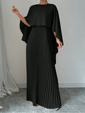 Pleated Non-Stretch Polyester Elegant Solid Color Dress - Integrated Cape Shawl, Machine Washable, Perfect for All Seasons - Middle East Special Project Style