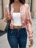 Everyday Comfort, Elegant Women's Pink Metallic Bomber Jacket - Long Sleeve, Zip-Up with Baseball Collar, Polyester Blend, Machine Washable for Spring & Fall Fashion, Spring Jacket|Glossy Finish Jacket|Polyester Blend Jacket voguable