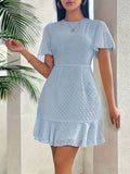 [Summer Chiffon Ruffle Dress] Summer Fashion Solid Color Chiffon Ruffle Hem Dress - Casual Crew Neck Short Sleeve A-Line Pendulum - 95% Polyester 5% Elastane