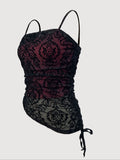 Elegant Floral Lace & Velvet Off-Shoulder Cami Top for Women with Side Drawstring Detail - Machine Washable, Perfect for Spring/Summer/Fall