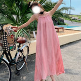 Chic Pink Halter Neck Maxi Dress for Women - Summer Beach Vacation Style, Non-Stretch Polyester, Machine Washable
