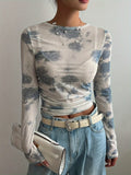 [Everyday Elegance] Women's Elegant Tie-Dye Floral Print Chiffon Blouse with Ruched Detail - Long Sleeve, Round Neck, Semi-Sheer, Perfect for Spring/Fall Fashion voguable