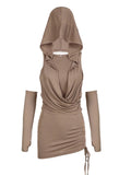 Khaki Drawstring Skinny Hooded Mini Dress