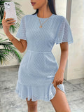 [Summer Chiffon Ruffle Dress] Summer Fashion Solid Color Chiffon Ruffle Hem Dress - Casual Crew Neck Short Sleeve A-Line Pendulum - 95% Polyester 5% Elastane