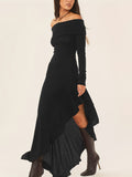 Elegant Ruffled Off Shoulder Long Sleeve Dress - Women's Backless Asymmetrical Slim Fit Dresses with Ruffle Hem - Perfect for Formal Occasions and Date Nights
