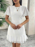 [Summer Chiffon Ruffle Dress] Summer Fashion Solid Color Chiffon Ruffle Hem Dress - Casual Crew Neck Short Sleeve A-Line Pendulum - 95% Polyester 5% Elastane